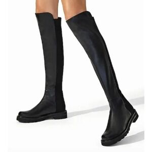 Stuart Weitzman 5050 Lift Black Leather Over-the-Knee Lug Sole Boots Size 6